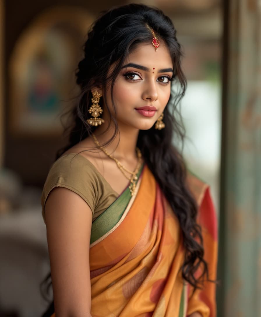 FLUX prompt: 21 years old, Indian hair style, wearing a saree - FLUX