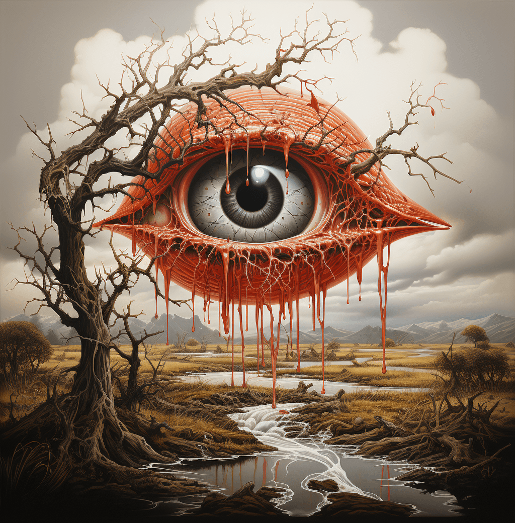 Midjourney prompt: an eye in a tree near water, in the style of brian... - Midjourney