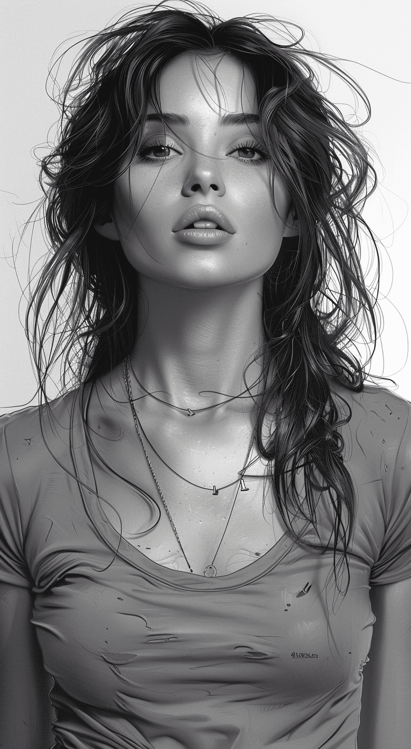 Midjourney prompt: black and white portrait of a woman wearing a tshi... - Midjourney