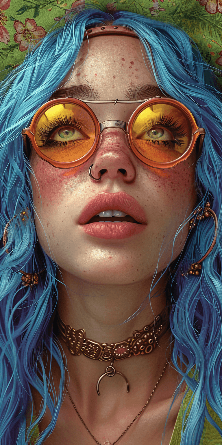 Midjourney prompt: a girl with blue hair and sunglasses in colorful c... - Midjourney
