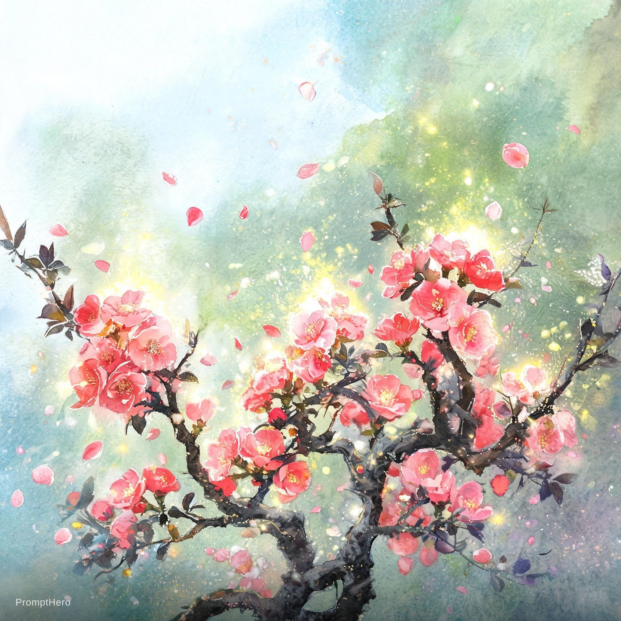 Hero prompt: A magical Chaenomeles with floating petals and glo... - Hero