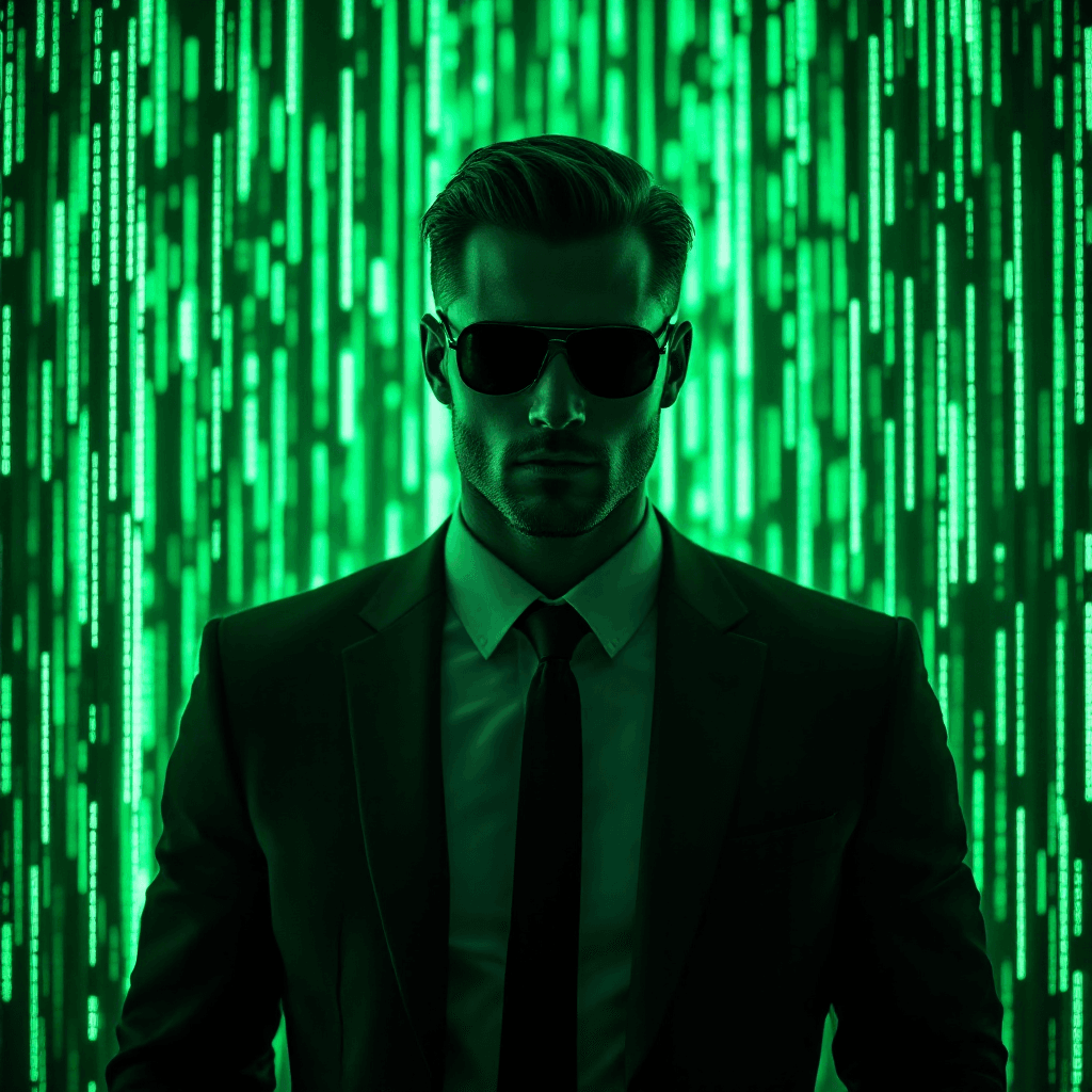 FLUX prompt: The background is a mesmerizing, glowing matrix gr... - FLUX