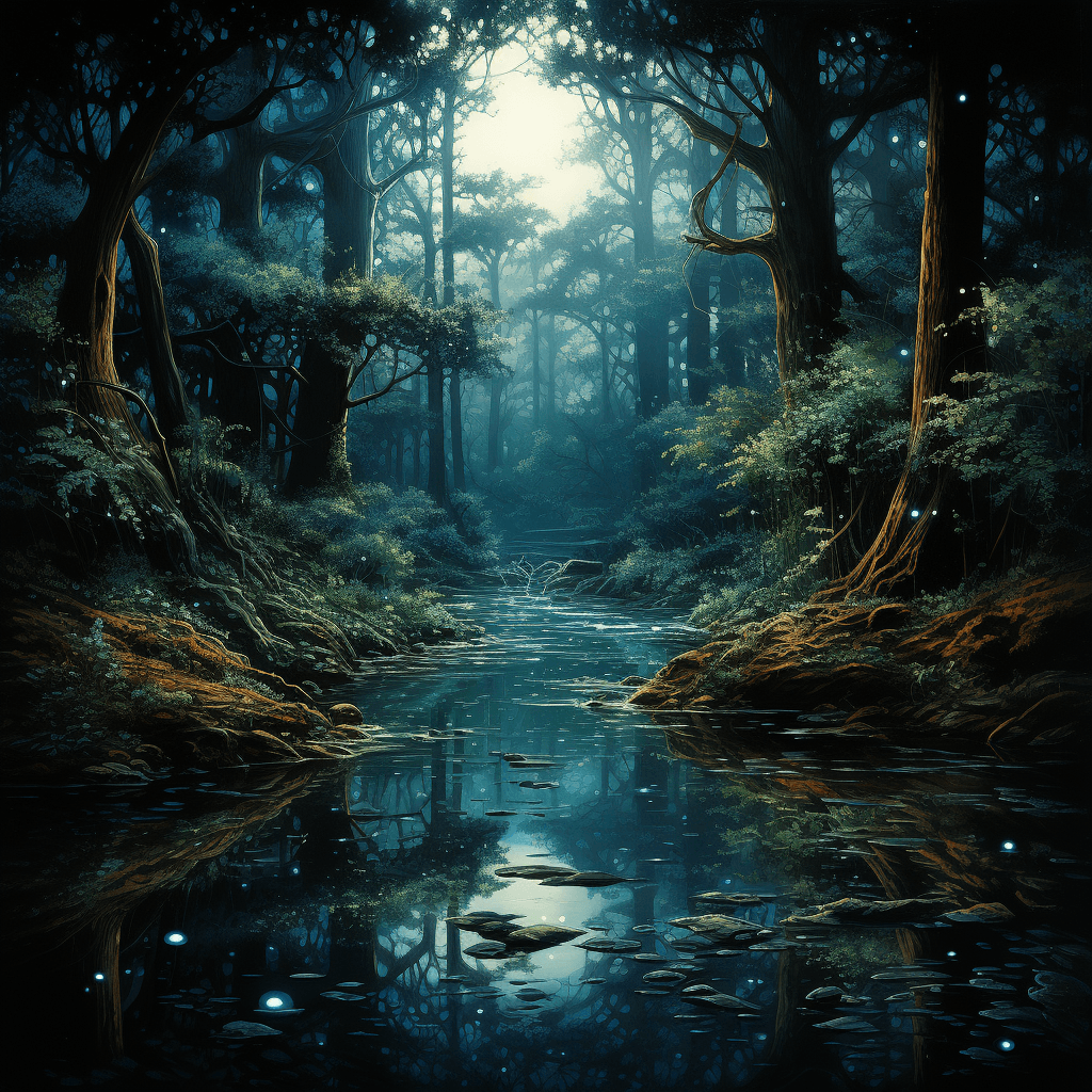 Midjourney prompt: Forest, large tree, river in the middle, full blue... - Midjourney