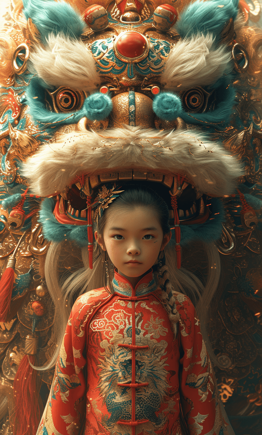 Midjourney prompt: a chinese boy is standing in front of a lunar new ... - Midjourney