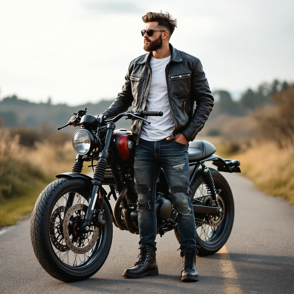 FLUX prompt: make a picture of complete men wearing a biker jac... - FLUX