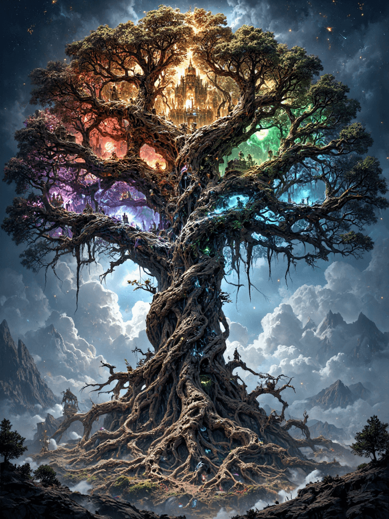 FLUX prompt: A vast, cosmic Yggdrasil, the World Tree, stretche... - FLUX