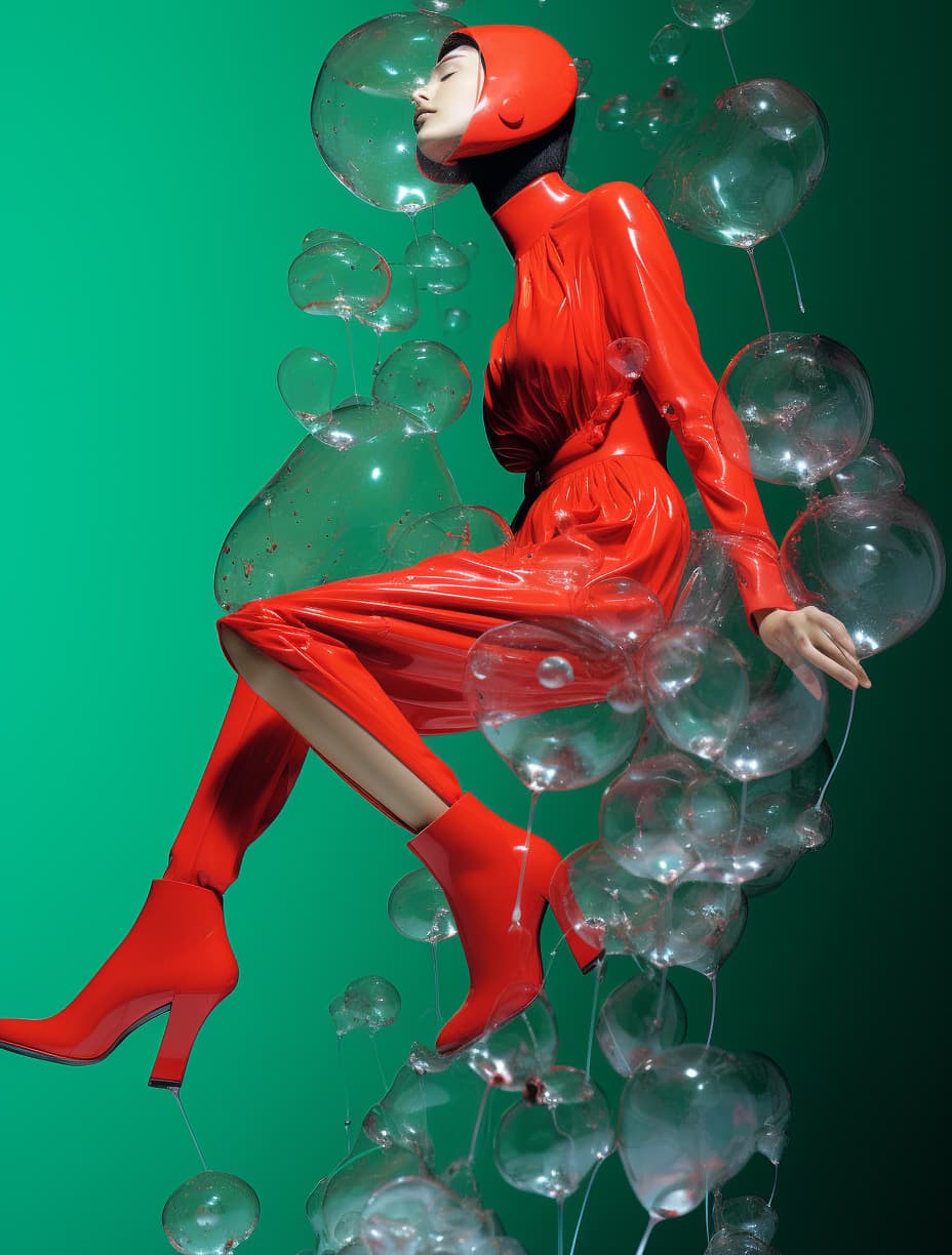 Midjourney prompt: a woman in a red bodysuit and high heels, margiela... - Midjourney