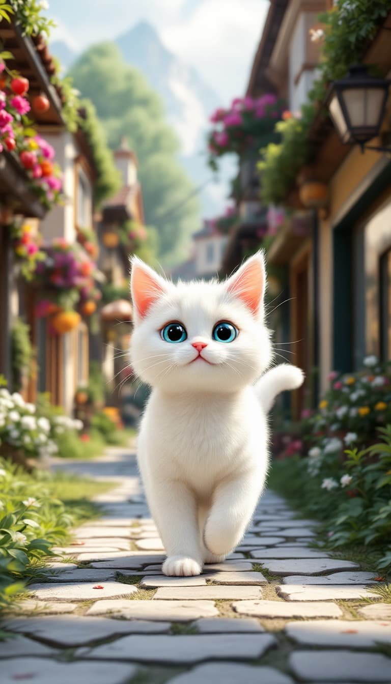 FLUX prompt: A cute white cat walk on village street. 3d pixar - FLUX