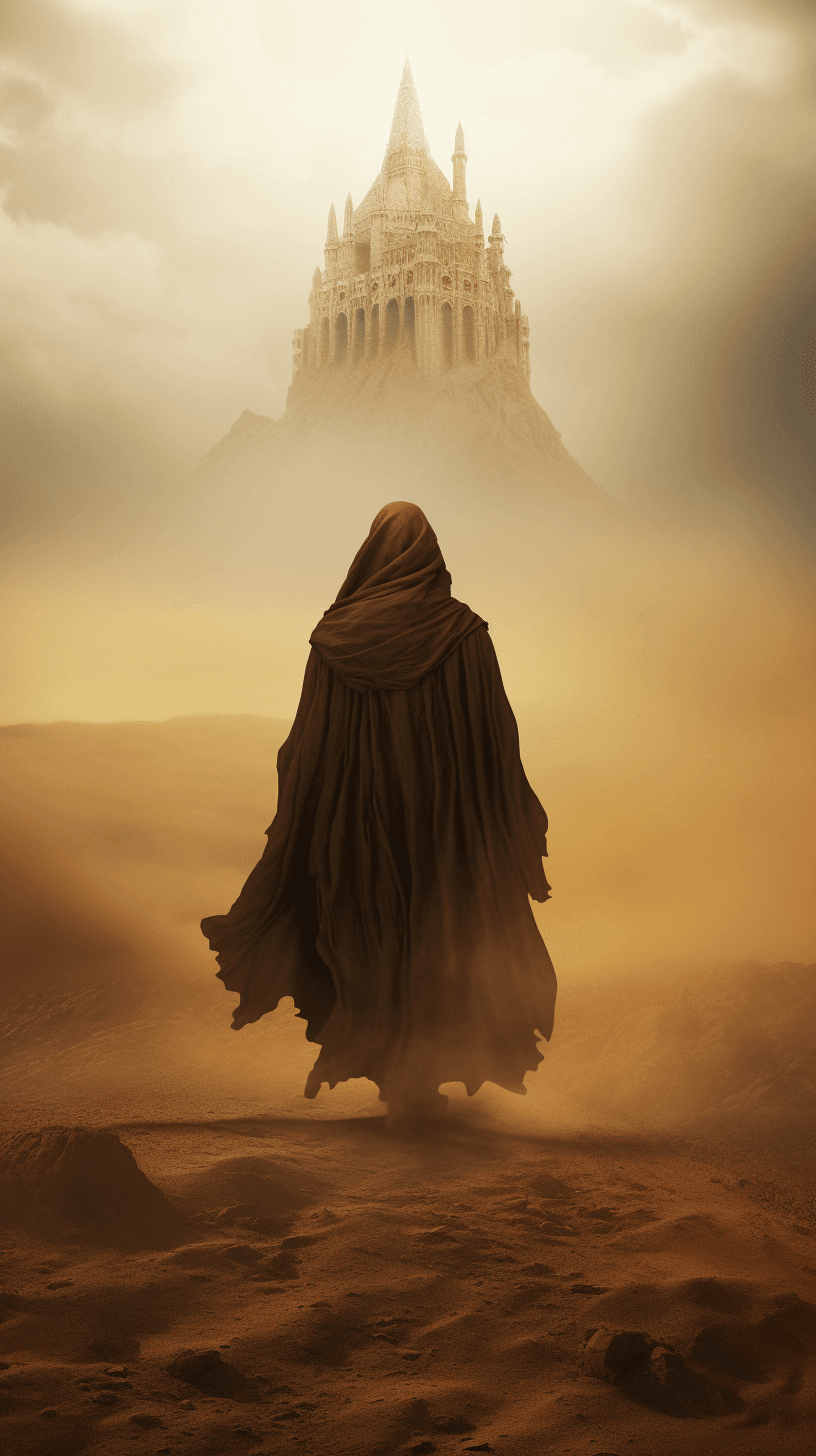 Midjourney prompt: Mysterious figure in striking cloak walking throug... - Midjourney