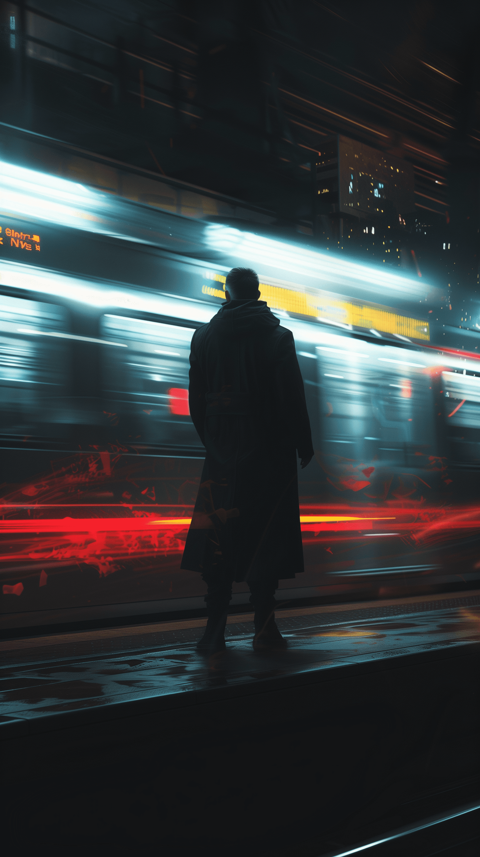 Midjourney prompt: depict a man in a dark coat standing still at a su... - Midjourney