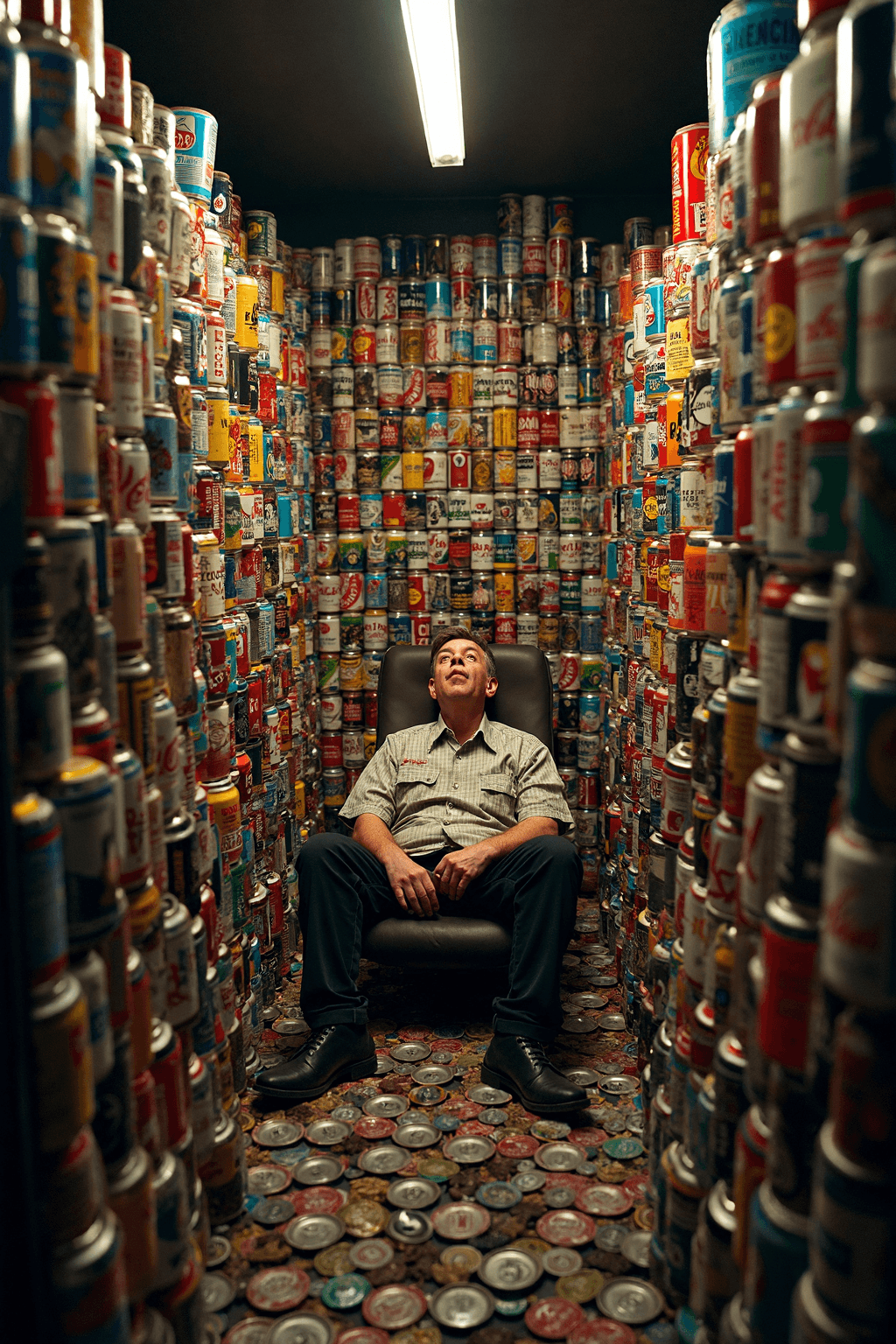 FLUX prompt: Surrounded by towering stacks of beer cans, an ecc... - FLUX