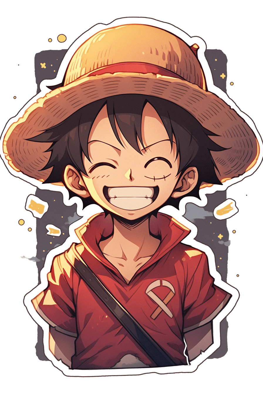 Midjourney prompt: a sticker of Monkey D. Luffy from one piece, straw... - Midjourney