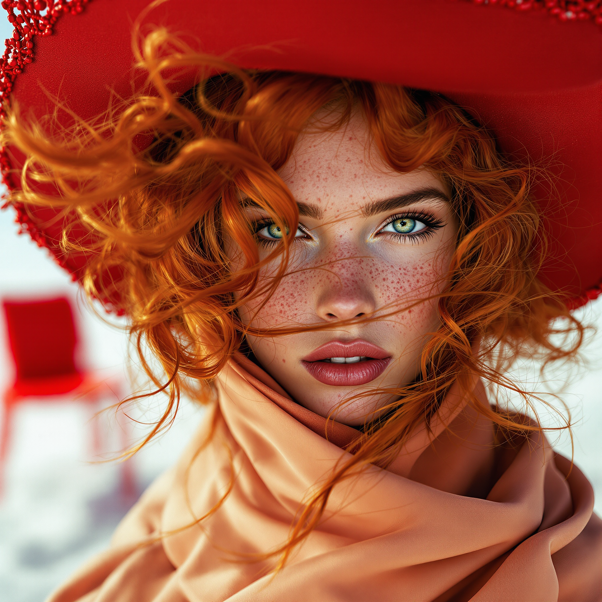 FLUX prompt: A close-up of a freckled model's face framed by gr... - FLUX