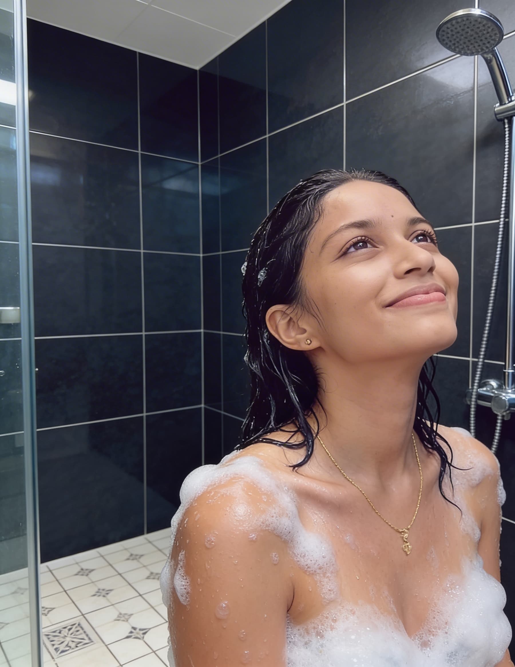Seedream 4 prompt: The image shows an adult woman in a tiled shower a... - Seedream 4