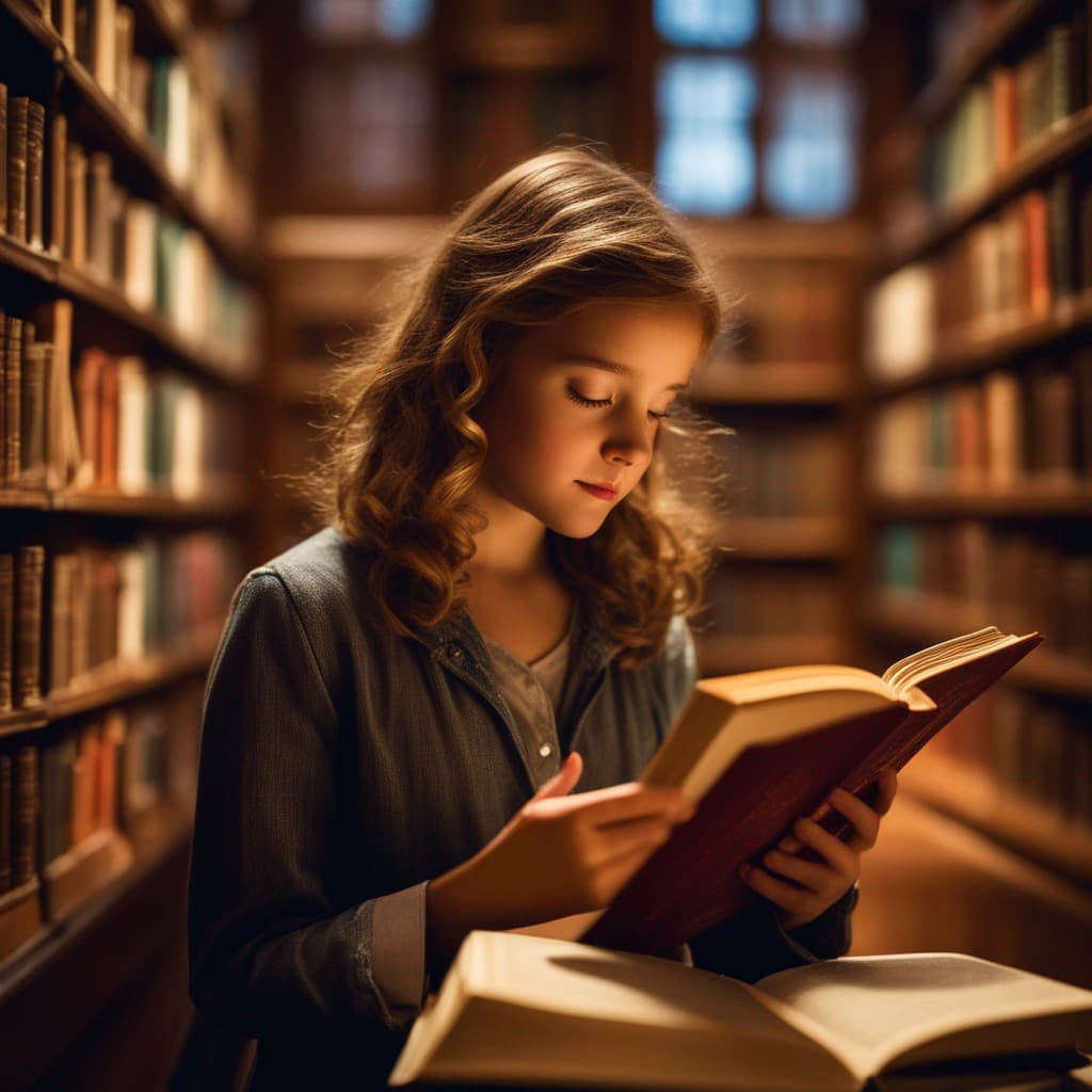 Stable Diffusion prompt: Wisdom and wonder, a girl engrossed in reading ami... - Stable Diffusion