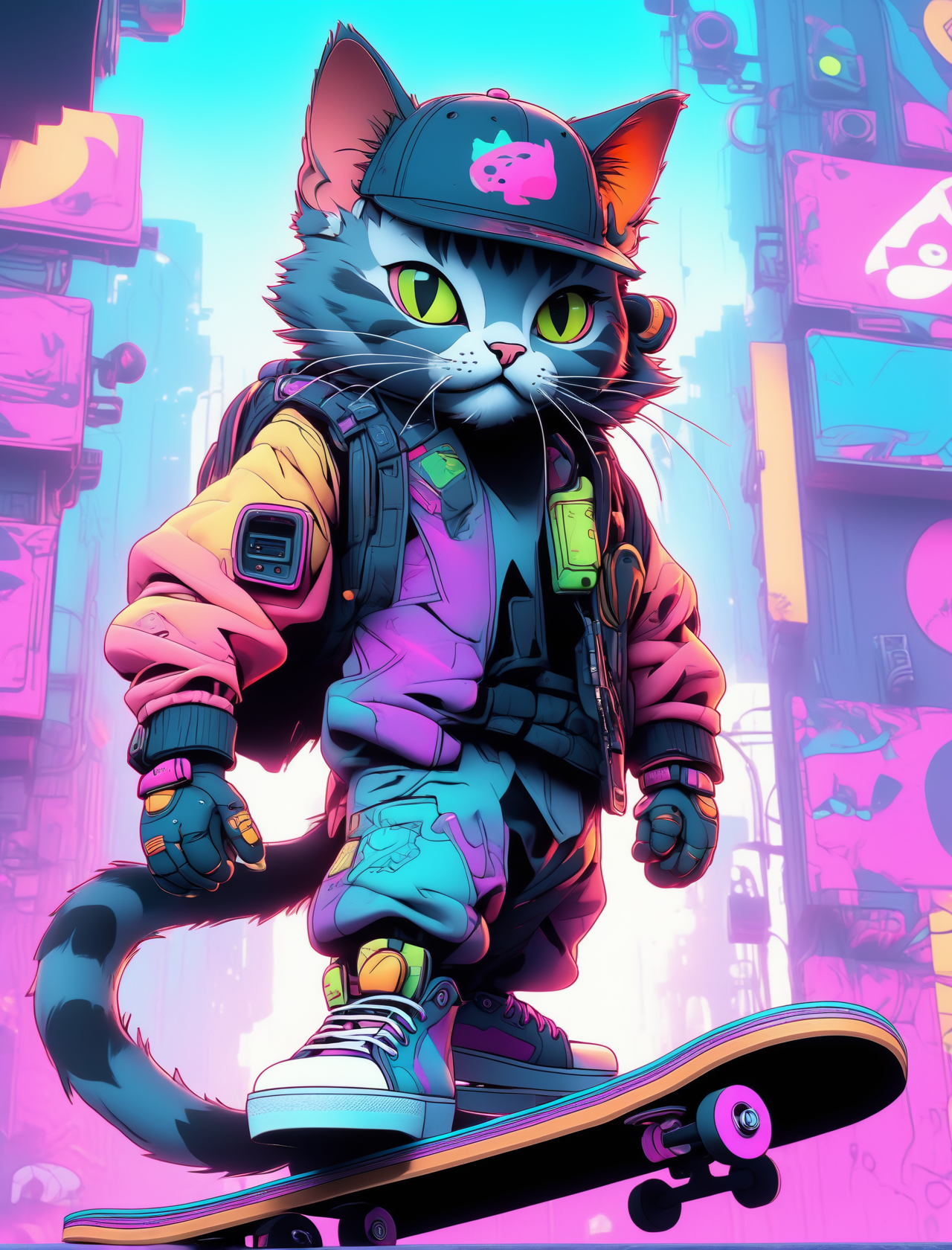 Stable Diffusion prompt: Cyberpunk style, a cat standing on a skateboard, w... - Stable Diffusion