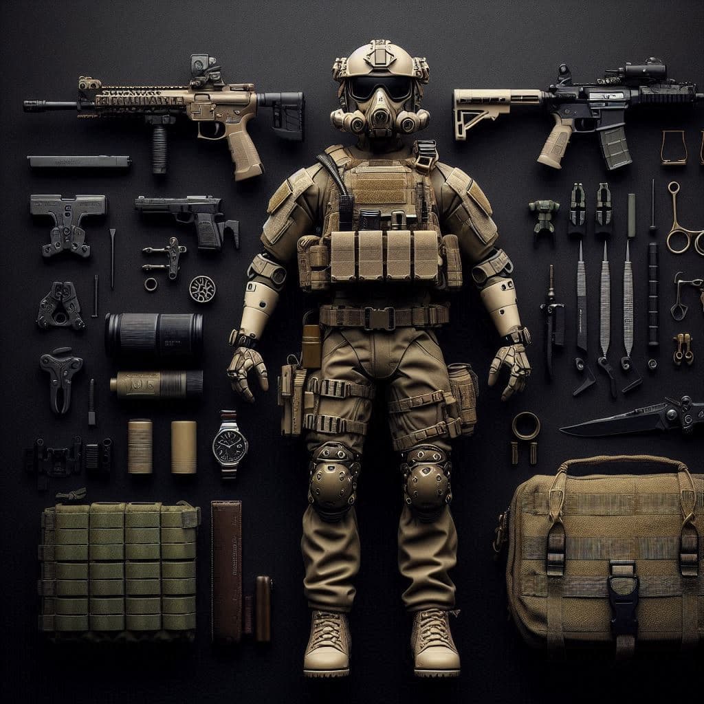 Knolling photography of a Military Troop - Stable Diffusion