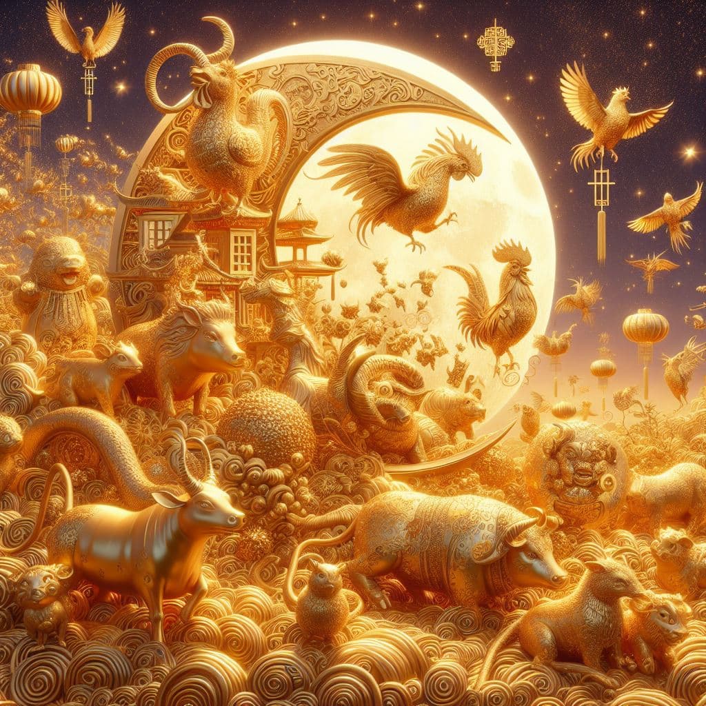 Midjourney prompt: a painting of a full moon surrounded by animals, a... - Midjourney