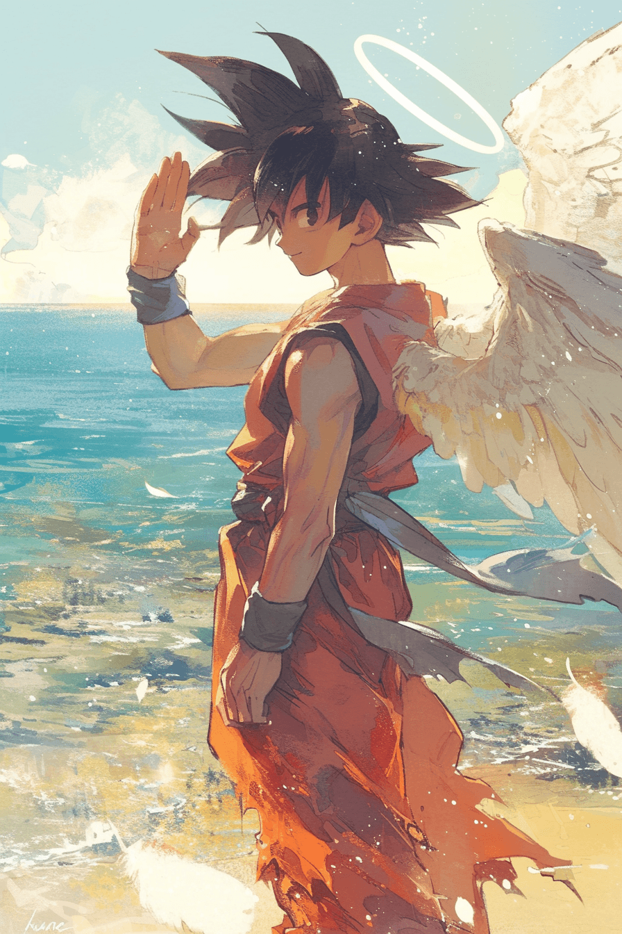 Midjourney prompt: Toriyama Akira's comic IP Goku, with white angel w... - Midjourney