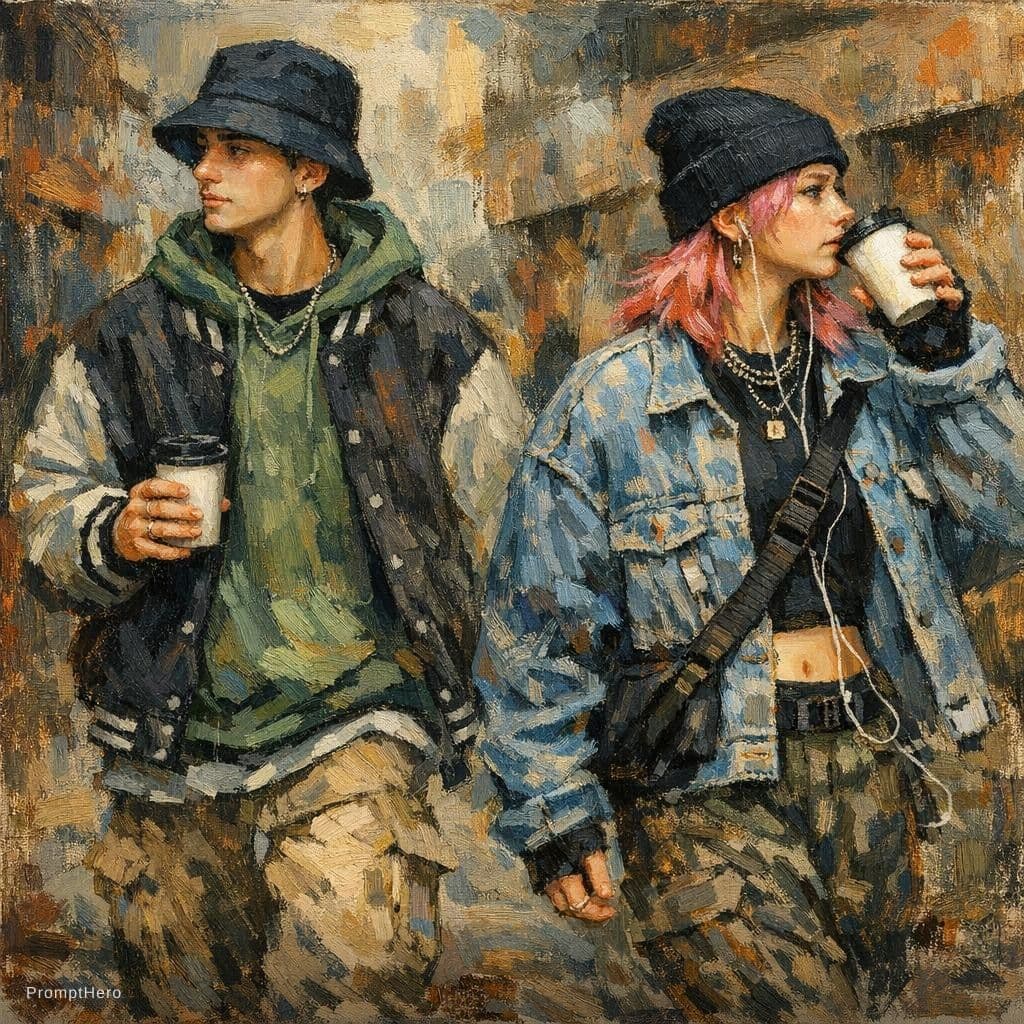 Hero prompt: Gen z man and woman , walking in different directi... - Hero