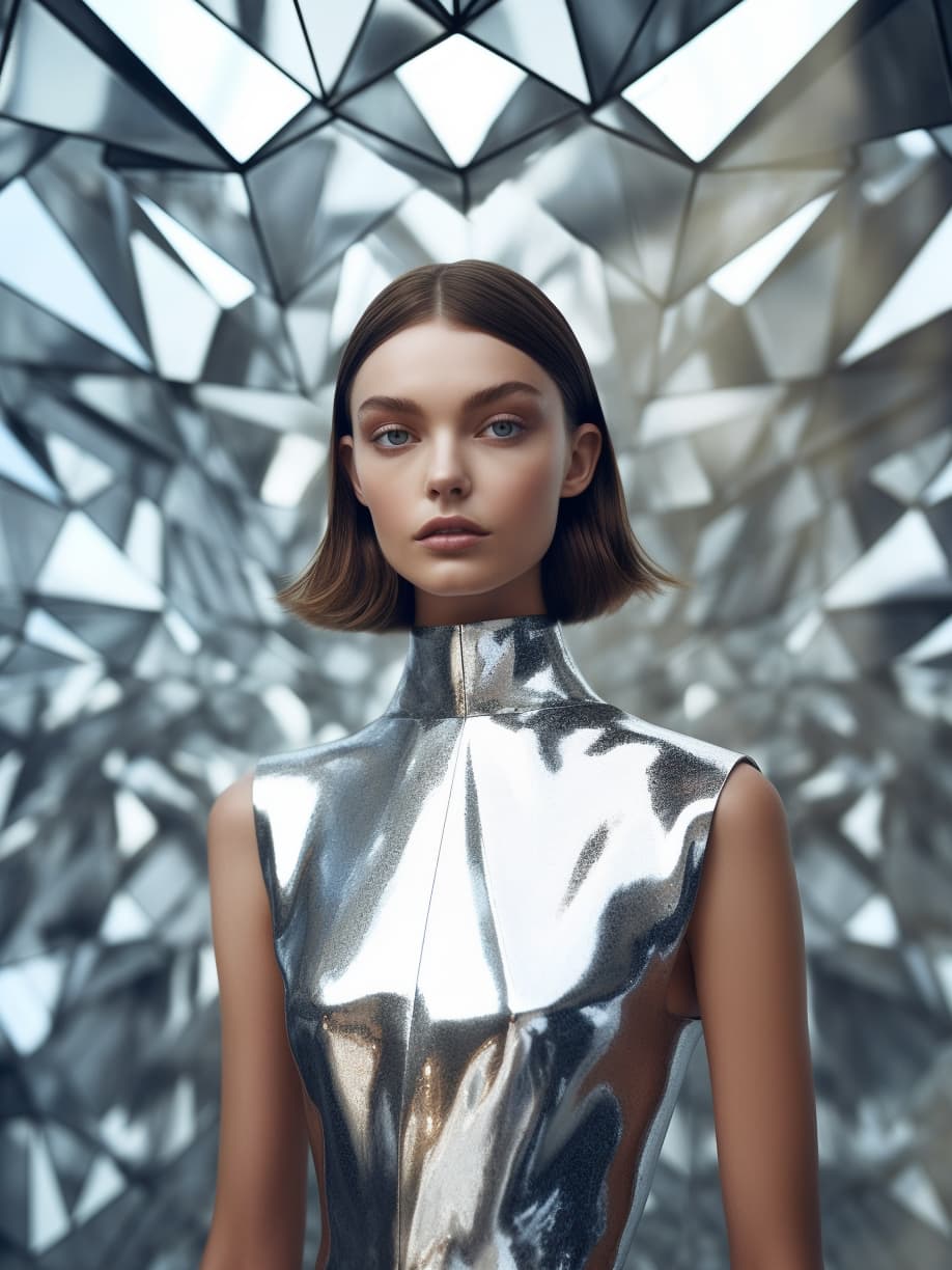 Midjourney prompt: a woman in a silver dress posing for a picture, tr... - Midjourney