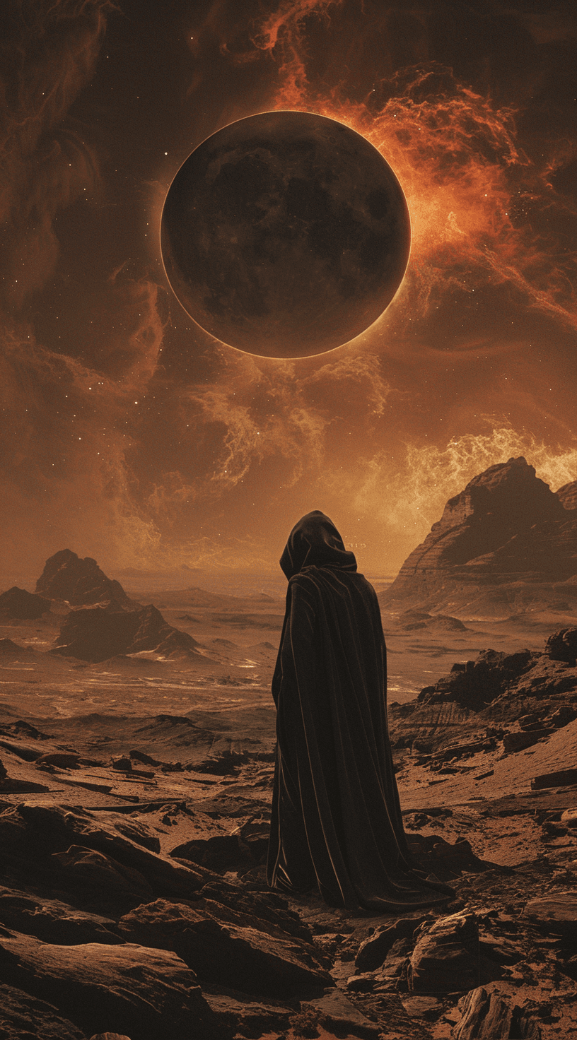 Midjourney prompt: A man in a dark cloak standing on rocky terrain, l... - Midjourney