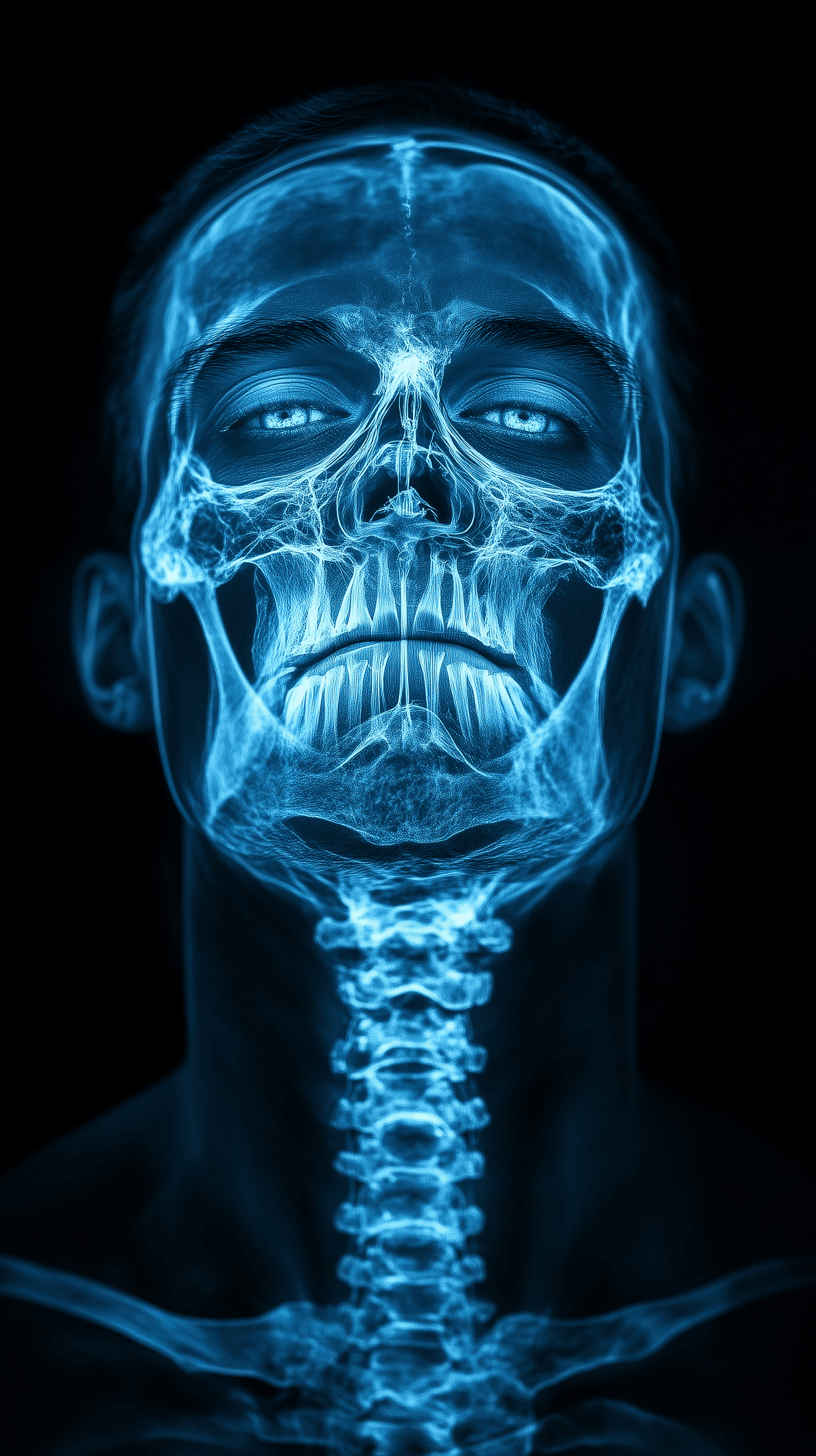 Midjourney prompt: blue x-ray, man face, gaze, black background, cyan... - Midjourney