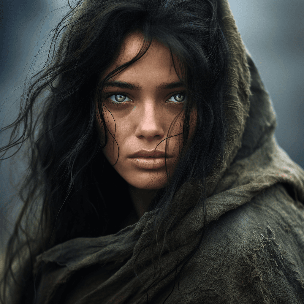 Midjourney prompt: A woman with raven black hair, green eyes and cove... - Midjourney