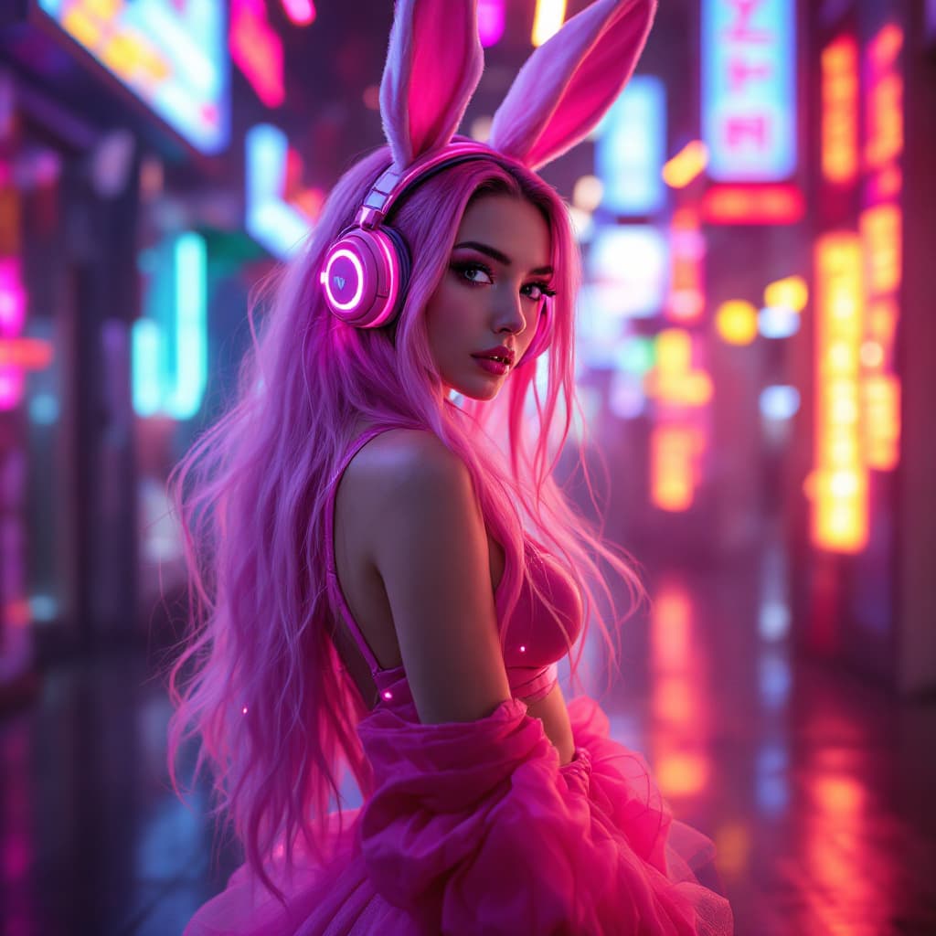 FLUX prompt: The pink bunny girl in the cyber world is a cyberp... - FLUX