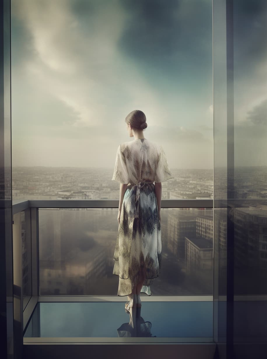 Midjourney prompt: a woman standing on top of a window sill, fractal ... - Midjourney