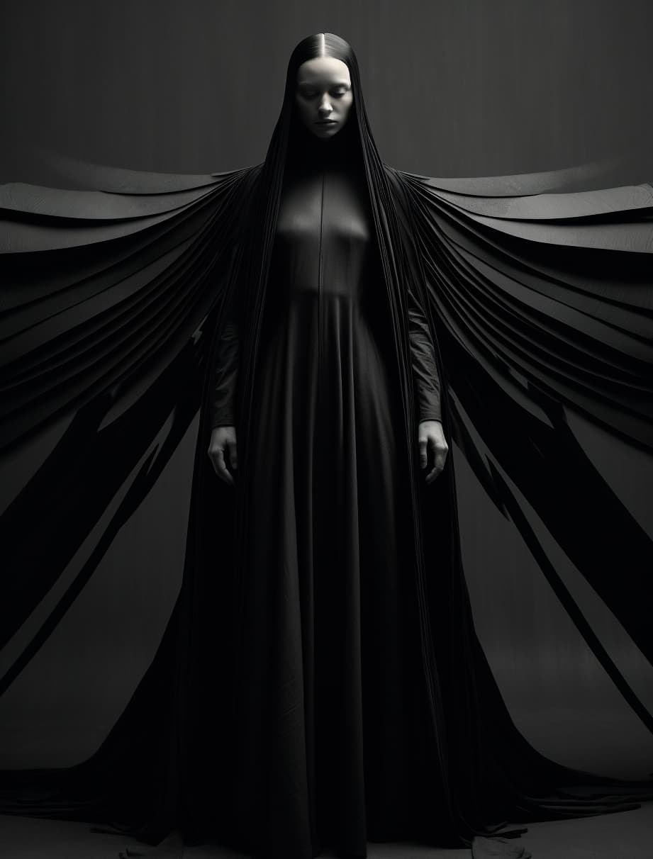 Midjourney prompt: a black and white photo of a woman in a dress, ric... - Midjourney