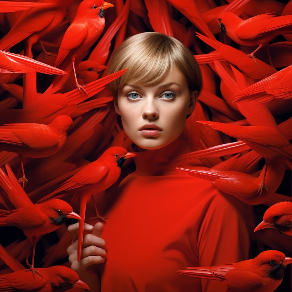 Midjourney prompt: woman in red birds around her, in the style of dre... - Midjourney