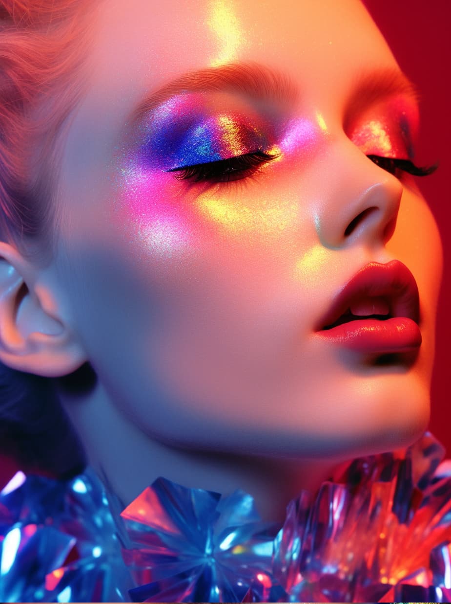 Midjourney prompt: a close up of a woman's face with bright makeup, i... - Midjourney