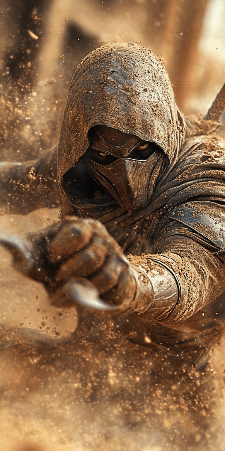 Midjourney prompt: Moon Knight dissolving into swirling sand, ultra-r... - Midjourney