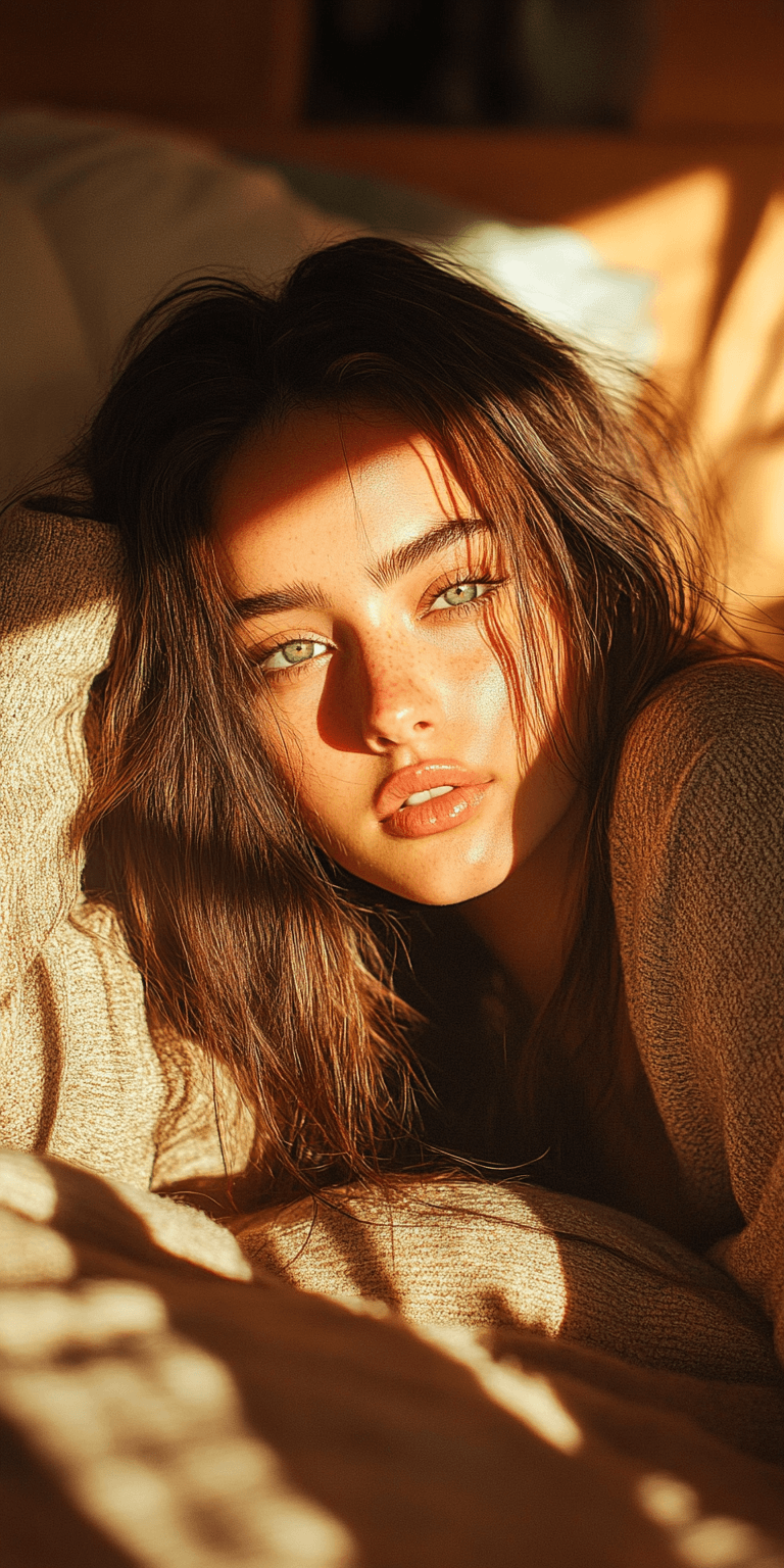 Midjourney prompt: a woman with long hair laying in bed, in the style... - Midjourney