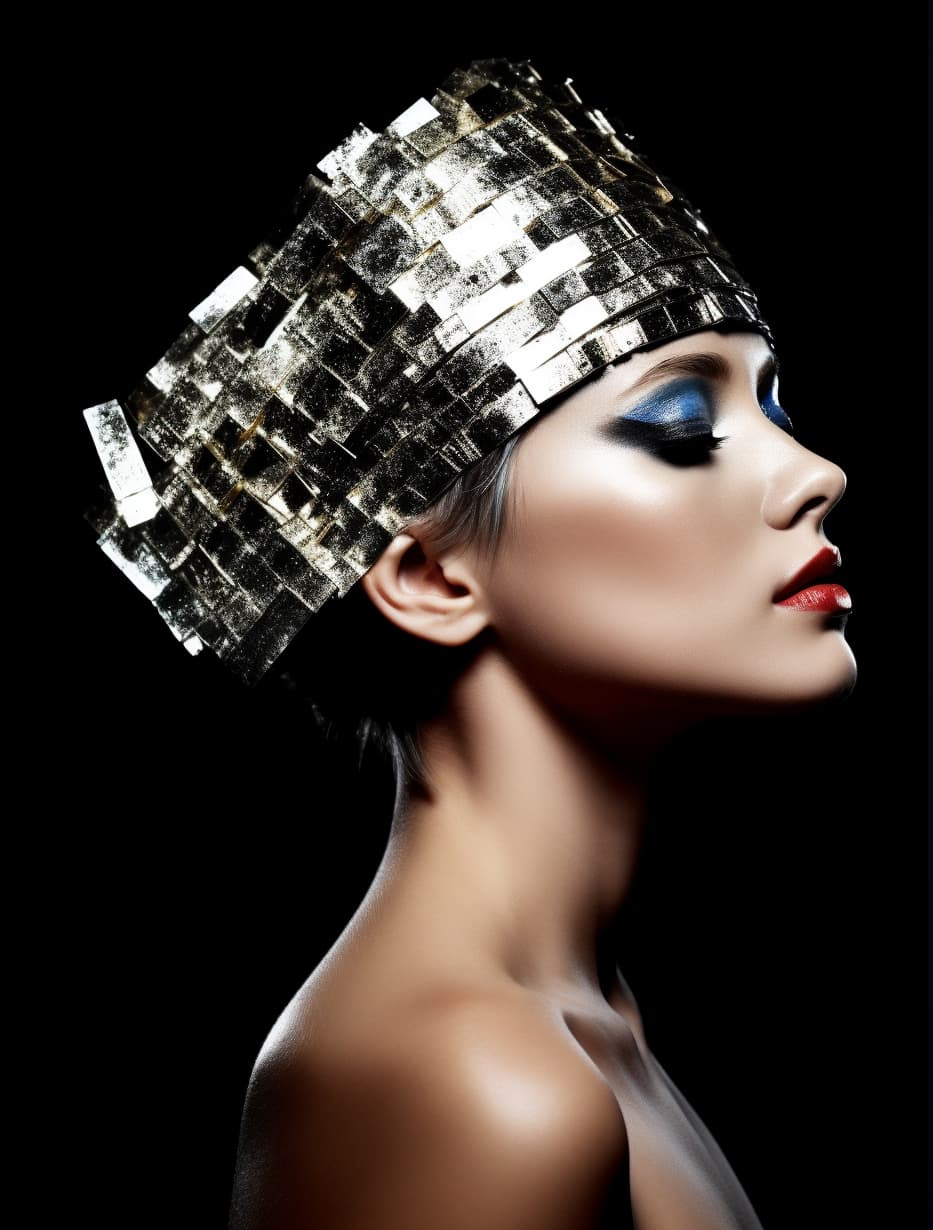 Midjourney prompt: a woman with a piece of tin foil on her head, by M... - Midjourney
