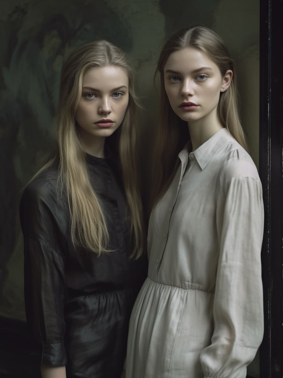 Midjourney prompt: a couple of women standing next to each other, in ... - Midjourney