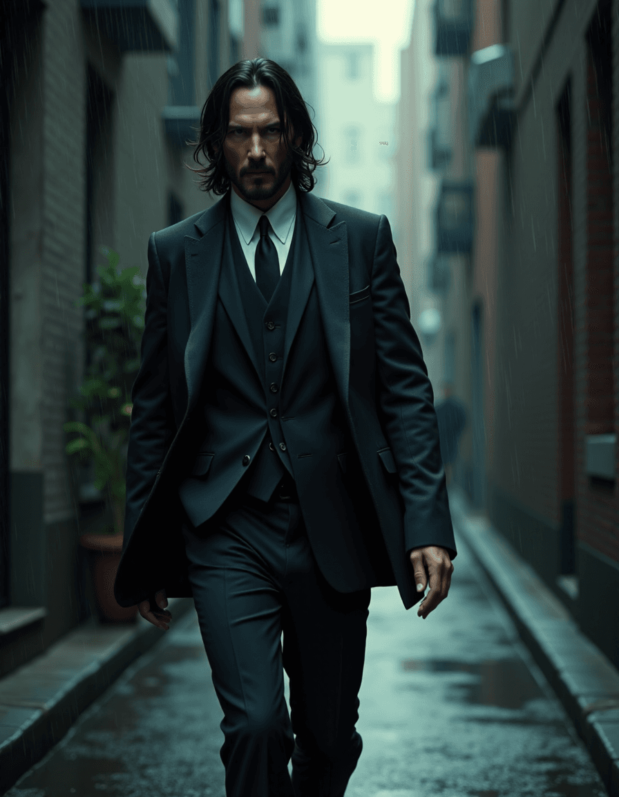 FLUX prompt: medium close-up still of young Keanu Reeves as Joh... - FLUX