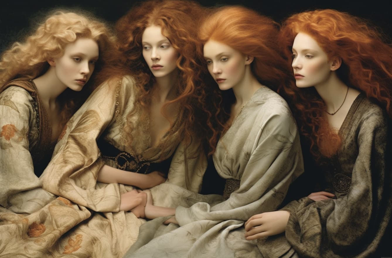 Midjourney prompt: a group of women sitting next to each other, by An... - Midjourney