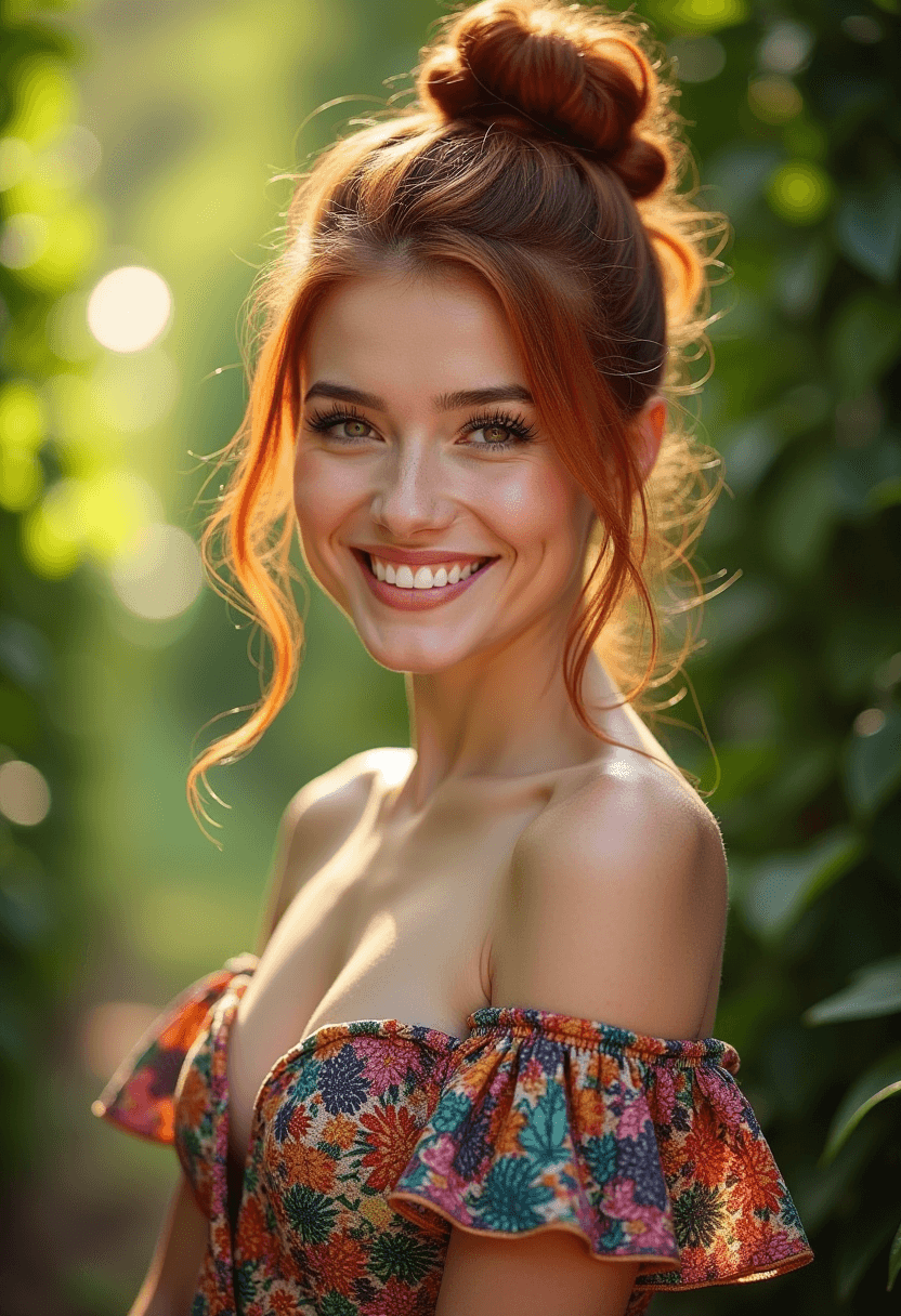 FLUX prompt: photograph of a wwoman, auburn hair in a bun, happ... - FLUX