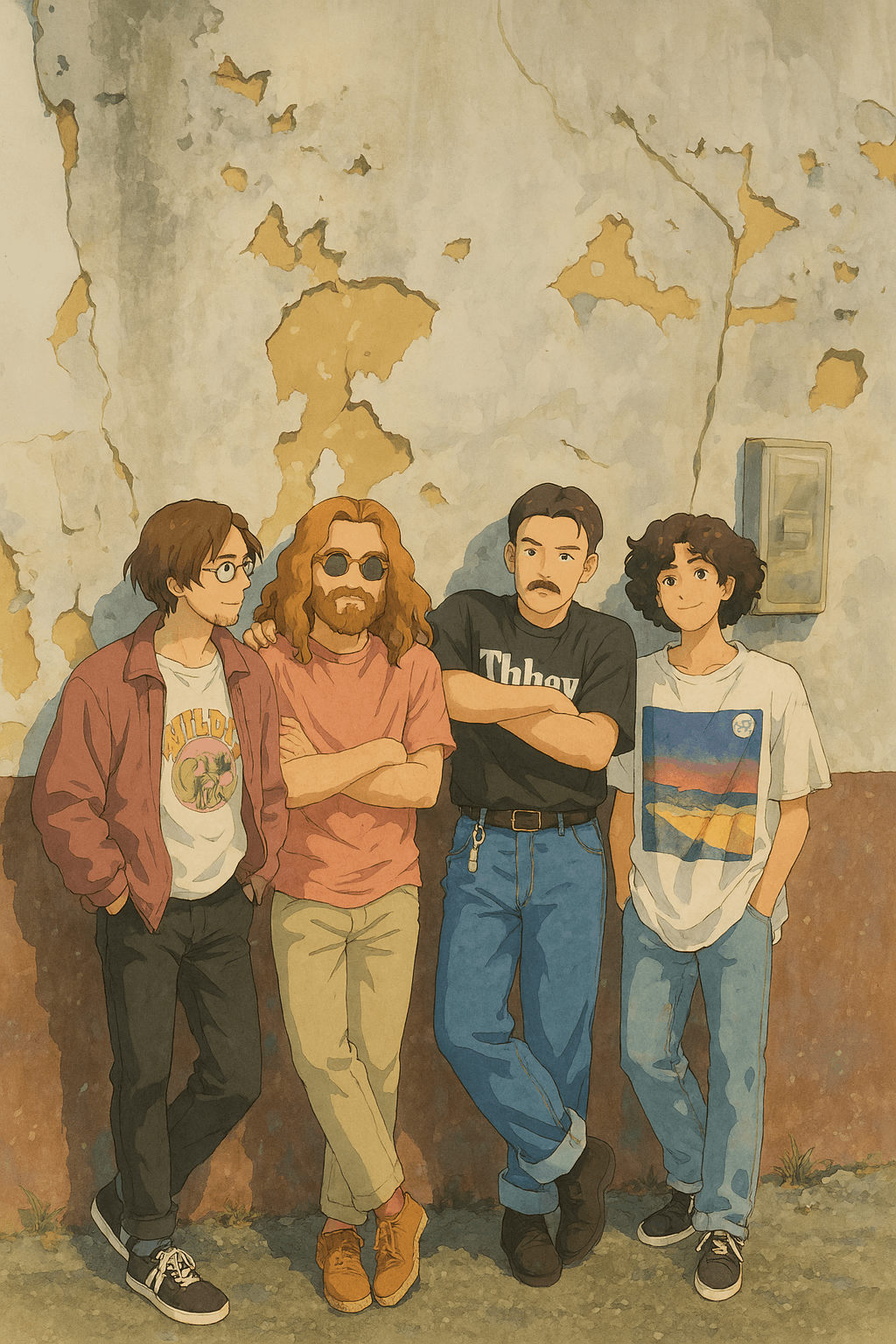 ChatGPT Image prompt: A group of four young men casually hanging out aga... - ChatGPT Image