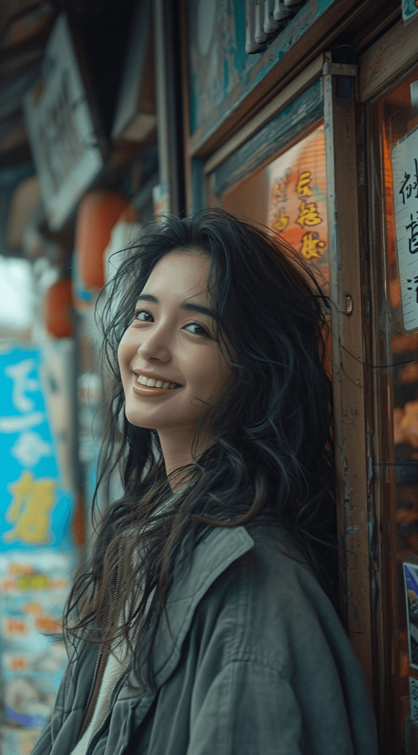 Midjourney prompt: a smiling woman standing in front of a shop, in th... - Midjourney