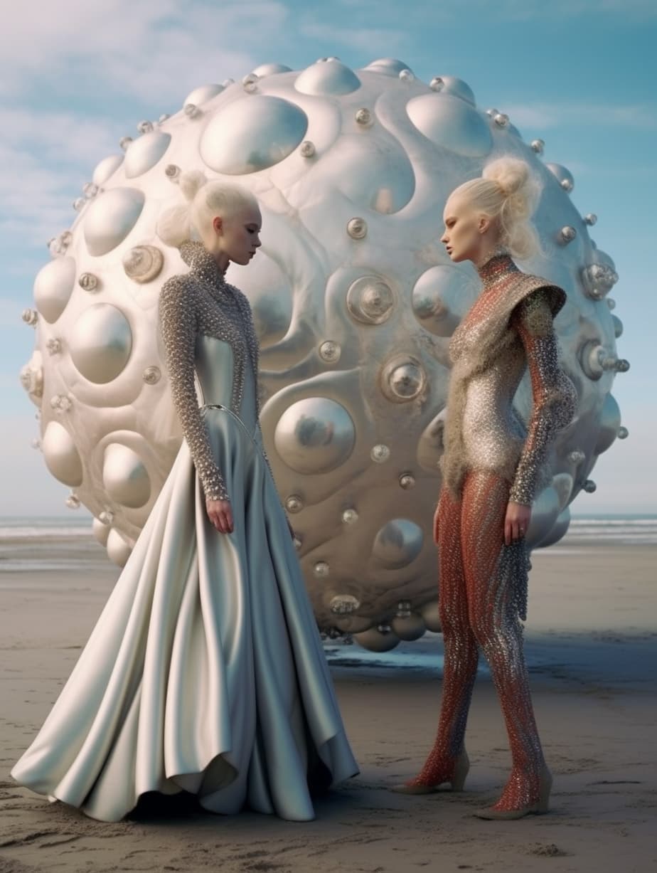 Midjourney prompt: a couple of women standing next to each other on a... - Midjourney