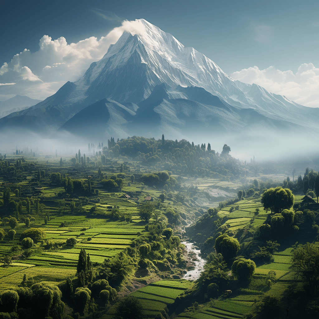 Midjourney prompt: small Mountain in the middle of a beautiful farml... - Midjourney