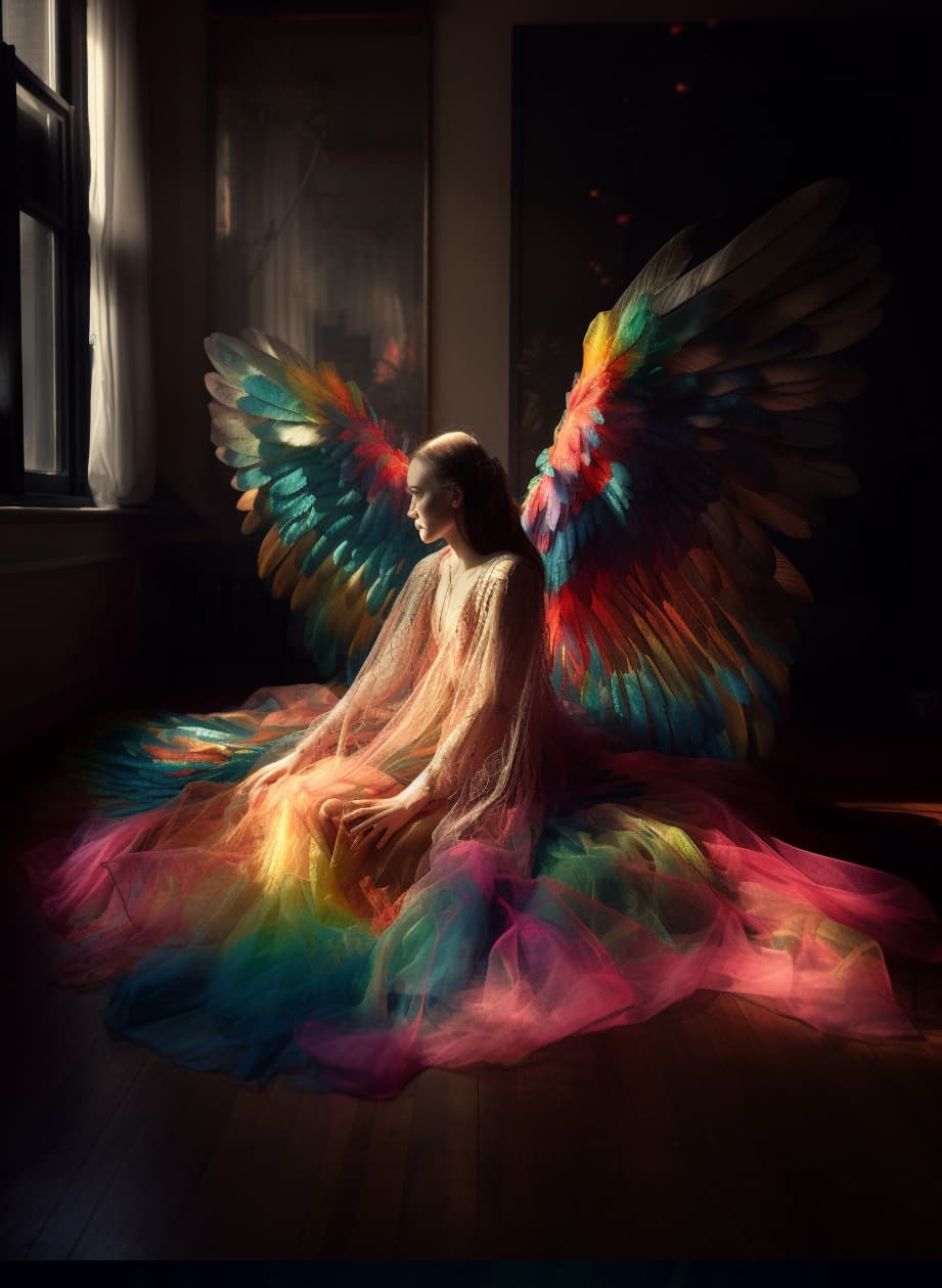 Midjourney prompt: a woman in a colorful dress sitting on the ground,... - Midjourney