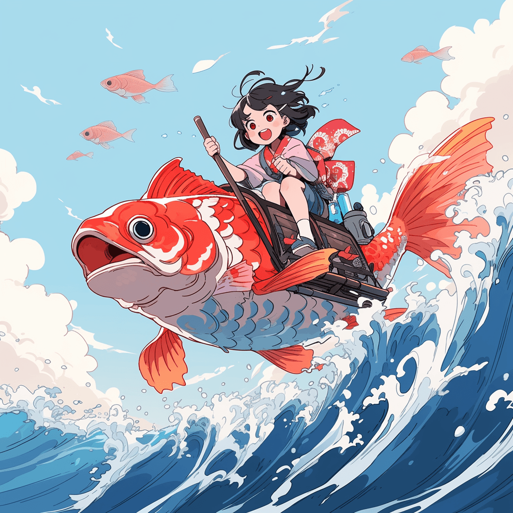 Midjourney prompt: a cartoon of a girl riding a koi fish, in the styl... - Midjourney