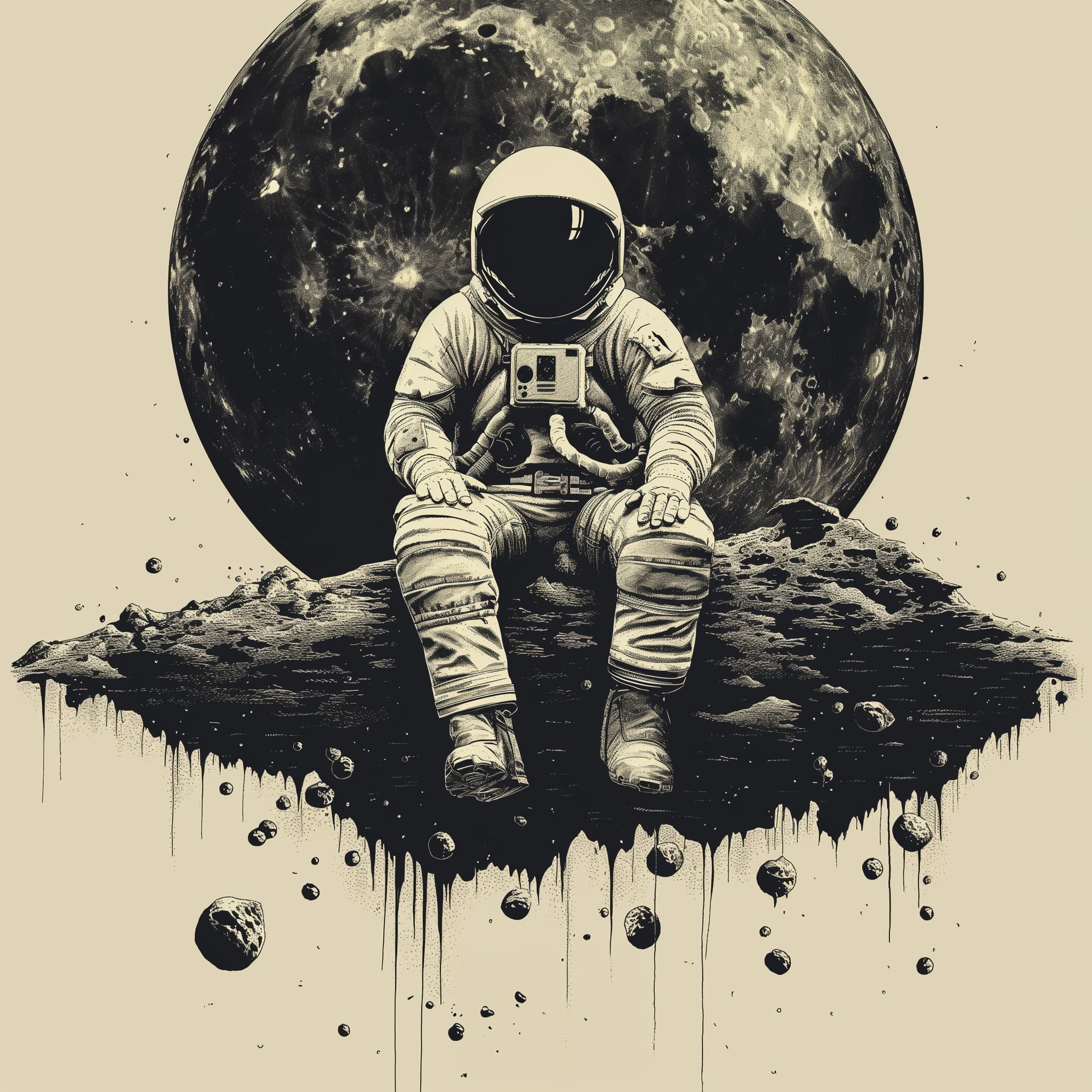 Midjourney prompt: Illustration of an astronaut sitting in outer spac... - Midjourney