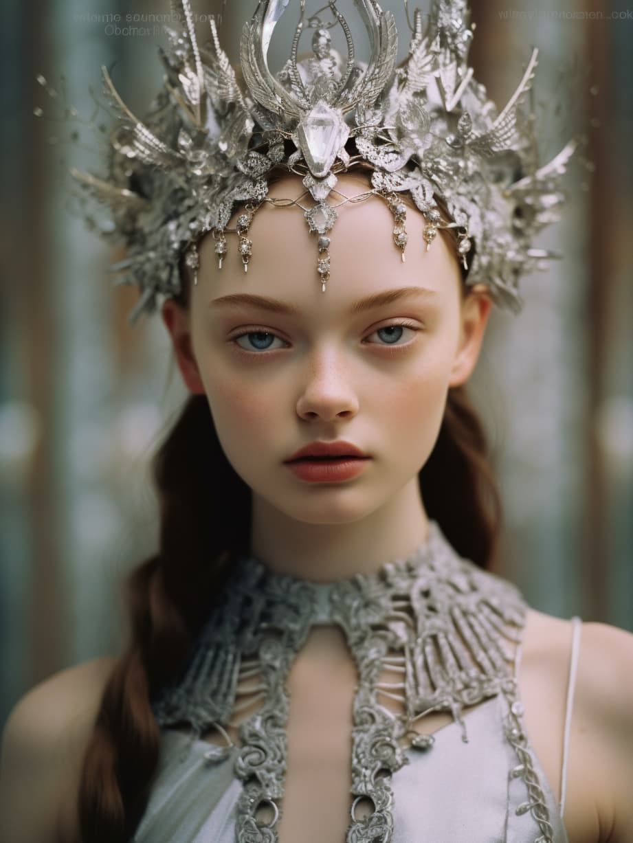 Midjourney prompt: a close up of a person wearing a silver dress, by ... - Midjourney