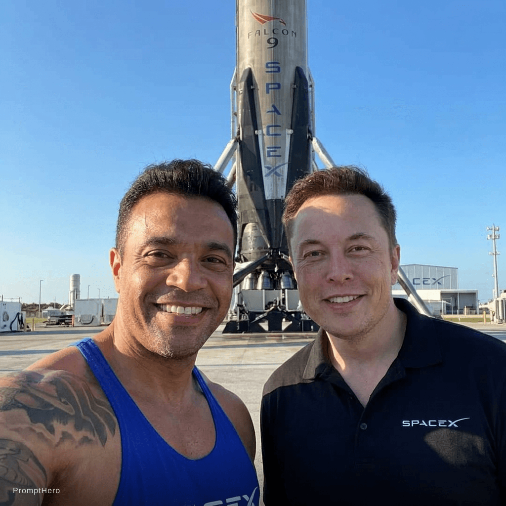 Nano Banana prompt: with Elon Musk in front of a SpaceX rocket, profes... - Nano Banana
