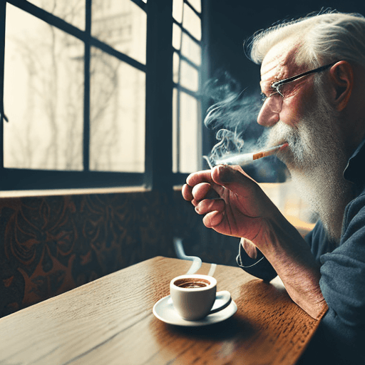 Openjourney prompt: old man drinking coffee and smoking a pipe in a ca... - Openjourney